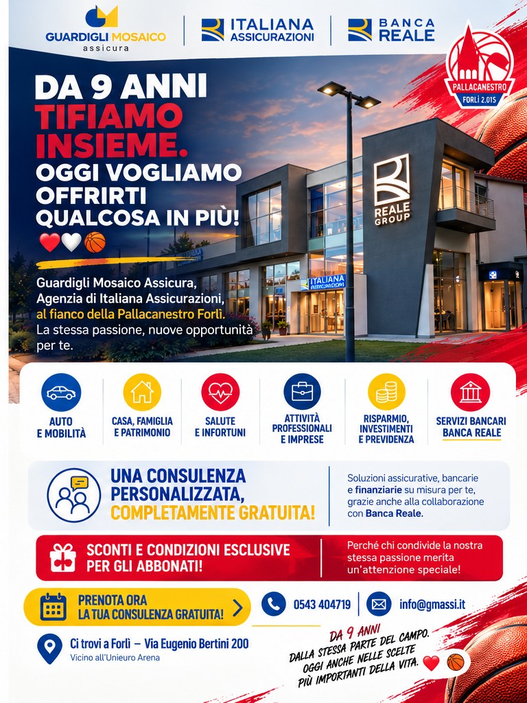 Guardigli Mosaico Assicura al fianco della Pallacanestro Forlì 2.015 - condizioni esclusive per gli abbonati